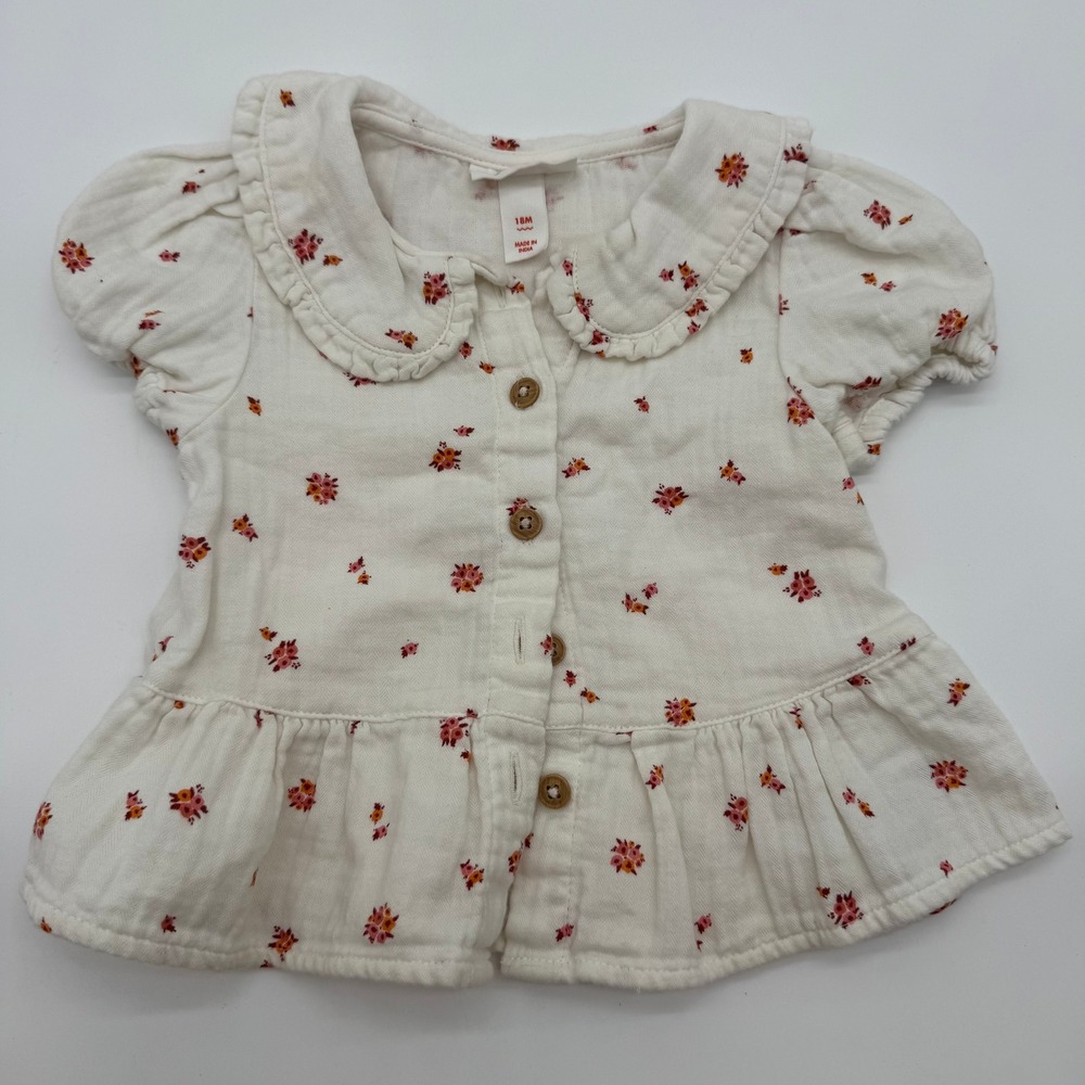 Cat & Jack Baby Girls 18M Ivory Floral Button Front Peter Pan Collar Peplum Top